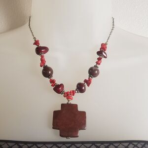 Red Jasper Stone & Coral Pendant Necklace & Earring Set Square Cross